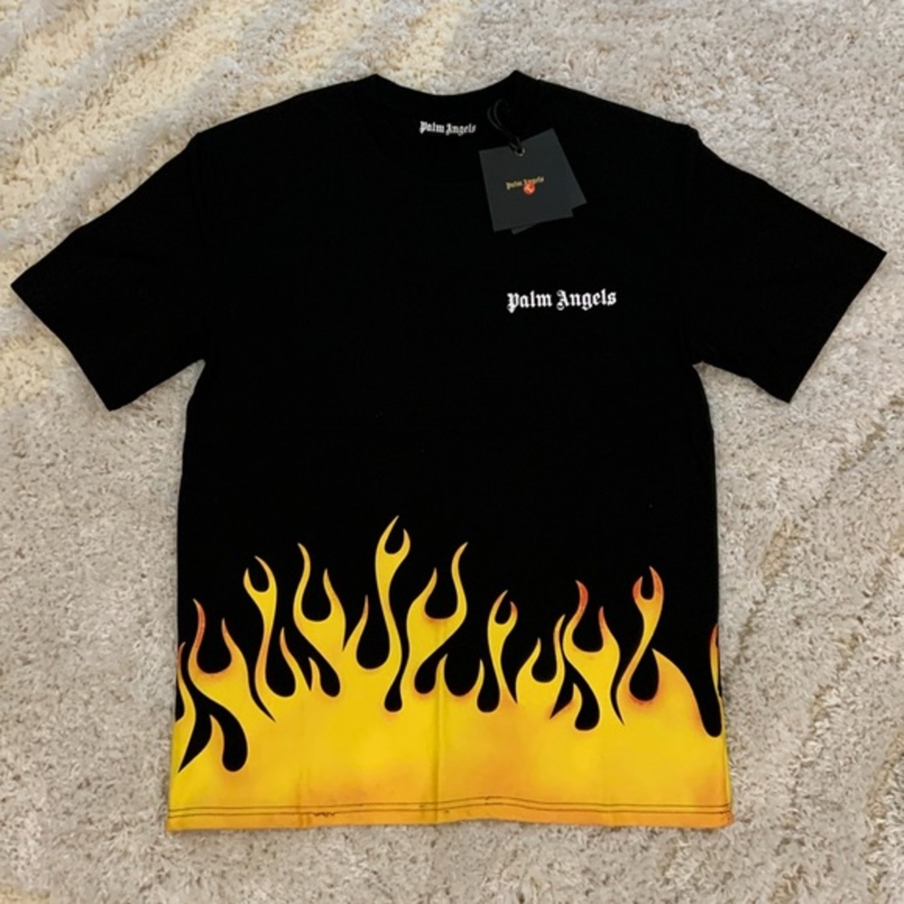 Palm Angels Fire Starter Flaming Black T-Shirt Mens Size Large